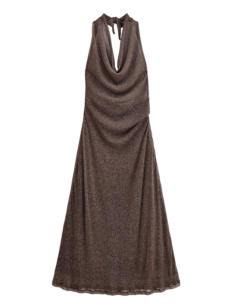 Women's Dress Summer 2025 New Metallic Brown Halter Neck Dress Long Dress Sexy Open Back Design Elegant Party Dresses