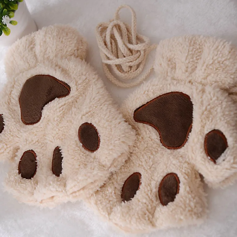 

Winter Cute Cartoon Cat Girl Open Finger Cat Claw Warm Gloves Thickened Plush Bear Palm Half Finger Gloves