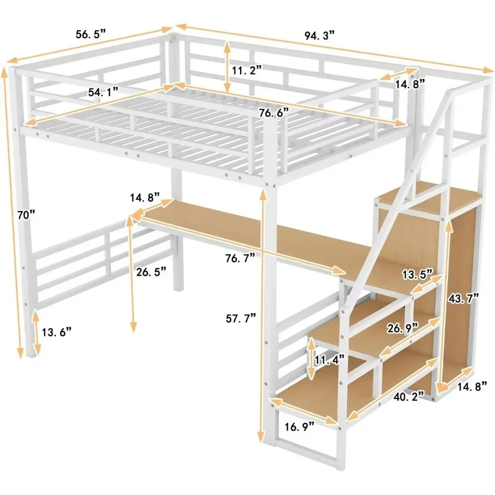 Full Size Loft Bed, Desk & Storage Stairs, Versatile High Loft Bed, No Box Spring Needed, Metal Loft Bed Frame Kids Bed 5