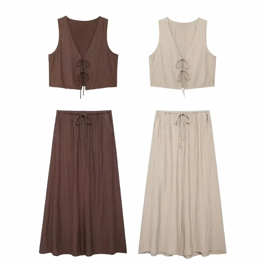 Description Picture 4 of itemTRAFZA Bow Lace Up Vests Skirt Sets For Women V Neck Sleeveless Top High Waist Midi Skirts Set 2024 Summer Vintage Solid Outfit