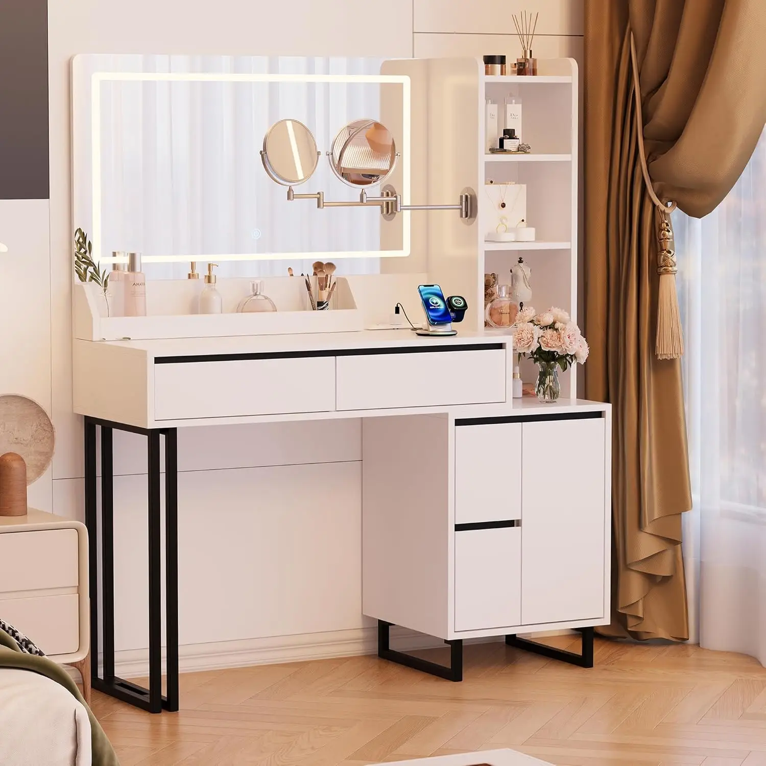 Desk with Mirror Lights, 41 Inch Makeup Vanity Table 10x Magnifying Mirror Charging Station Drawers Shelves Cabinet Adjustable