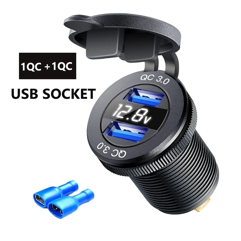 Aluminum 60W USB Charger Socket Fast Charge 12V/24V USB C Car Charger Socket PD and QC3.0 Dual USB Ports for Car Boat Motorcycle