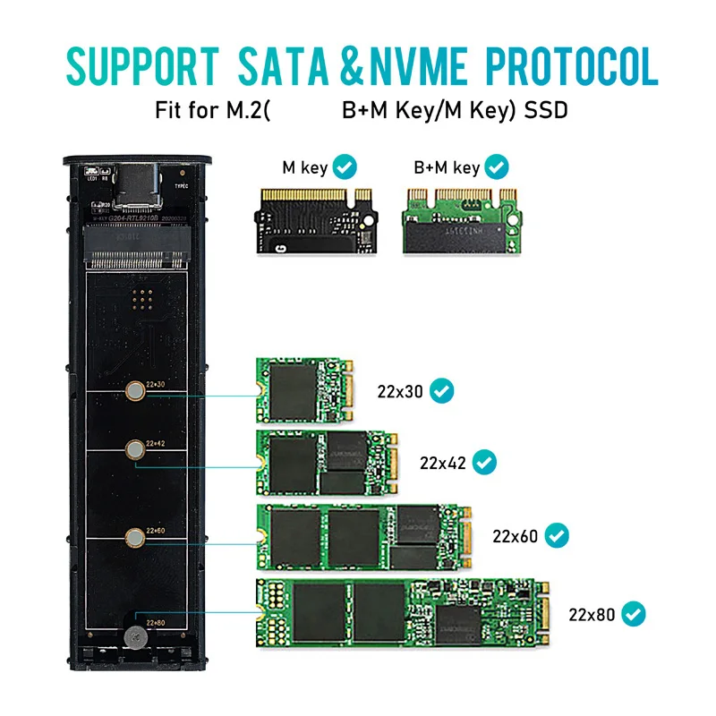M2 SSD Case NVME Enclosure M.2 to USB SSD Adapter NVME PCIE NGFF M.2 SATA M/B+M Key 2230/2242/2260/2280 M2 Dual Protocol ssd enclosure hard drive enclosure