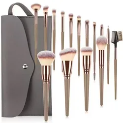 Ultimate Makeup Brush Collection - Face, Eyes, Lips, and More (15pcs Brown with bag)