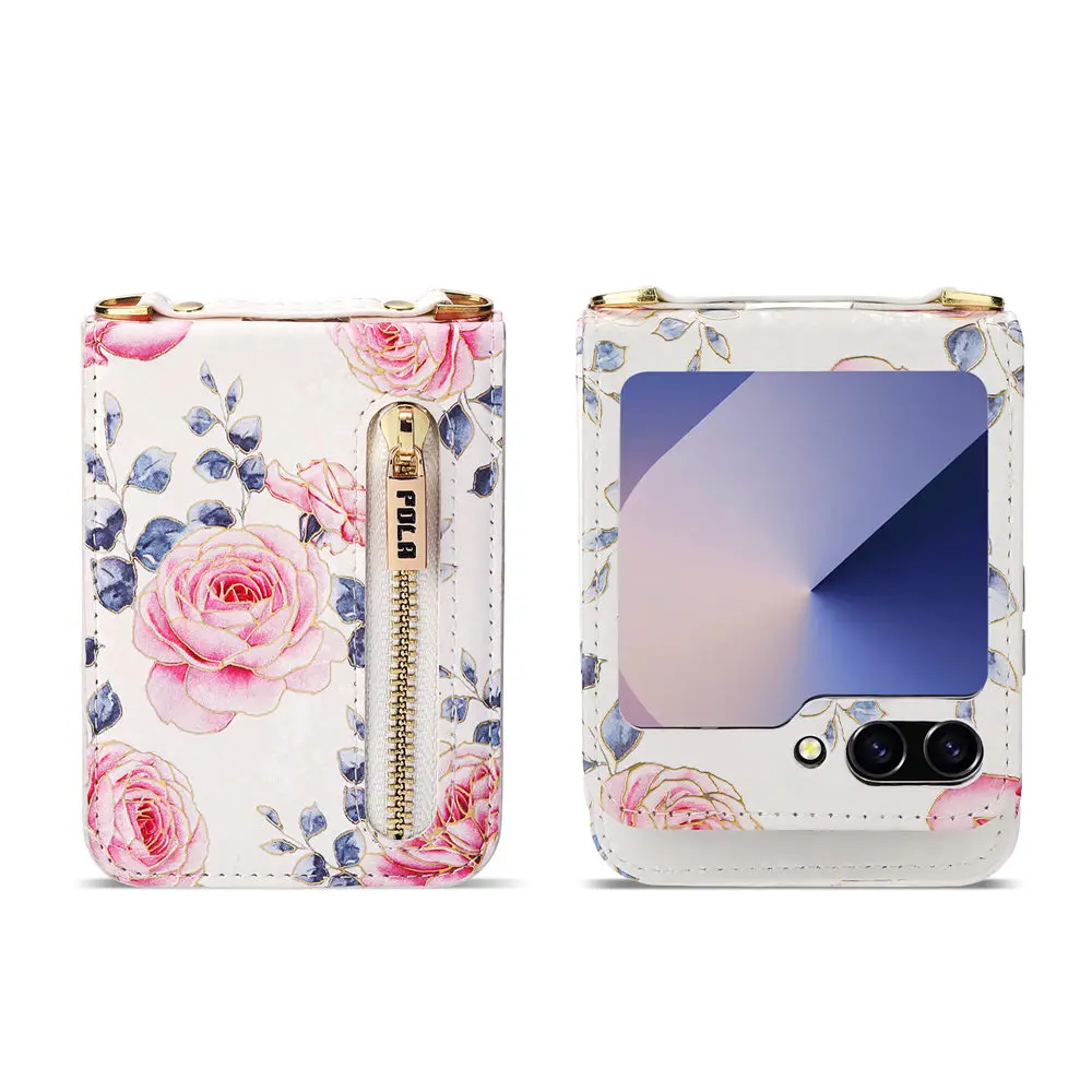 Floral Zipper Crossbody Wallet with Card Slots and Leather Lanyard Strap