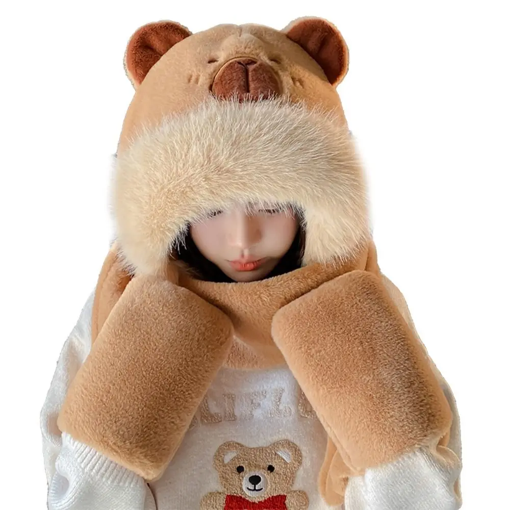 Trendy 3 in 1 Capybara Hat Scarf Set Cartoon Panda Furry Scarf Cap Set Fluffy Soft Scarf Hat Glove for Women Girls
