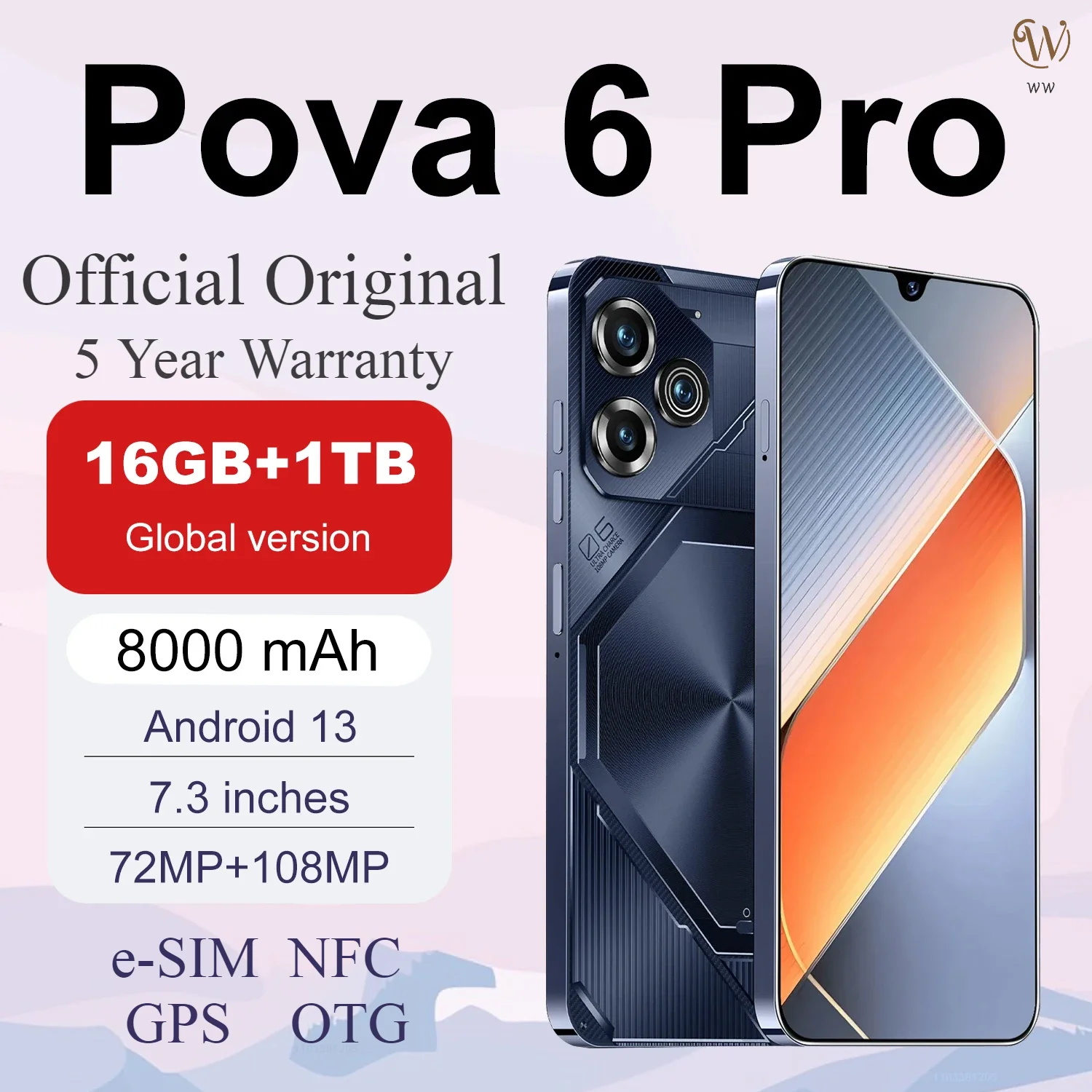 

Новинка, смартфон глобальная версия Pova 6 Pro, 16 ГБ + 1 ТБ, 7,3 дюйма, HD +, Android 13, snapdeag8 Gen2, 8000 мАч, телефон с двумя SIM-картами, 72 Мп + МП