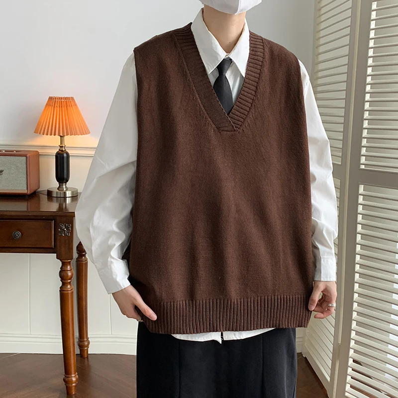 2023 Sweater Vest Men All-match V-neck Solid Color Sleeveless Male Tops Basic Cozy Korean Style Leisure Knitted Size G64
