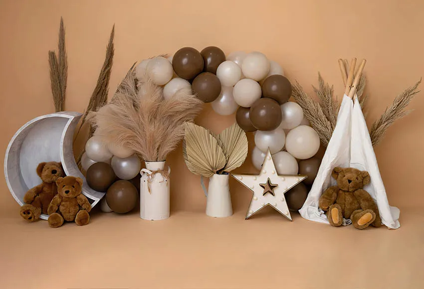 Mehofond Photography Background Boho Pampas Camping Bear Balloons Kids 1st Birthday Party Cake Smash Decor Backdrop Photo Studio