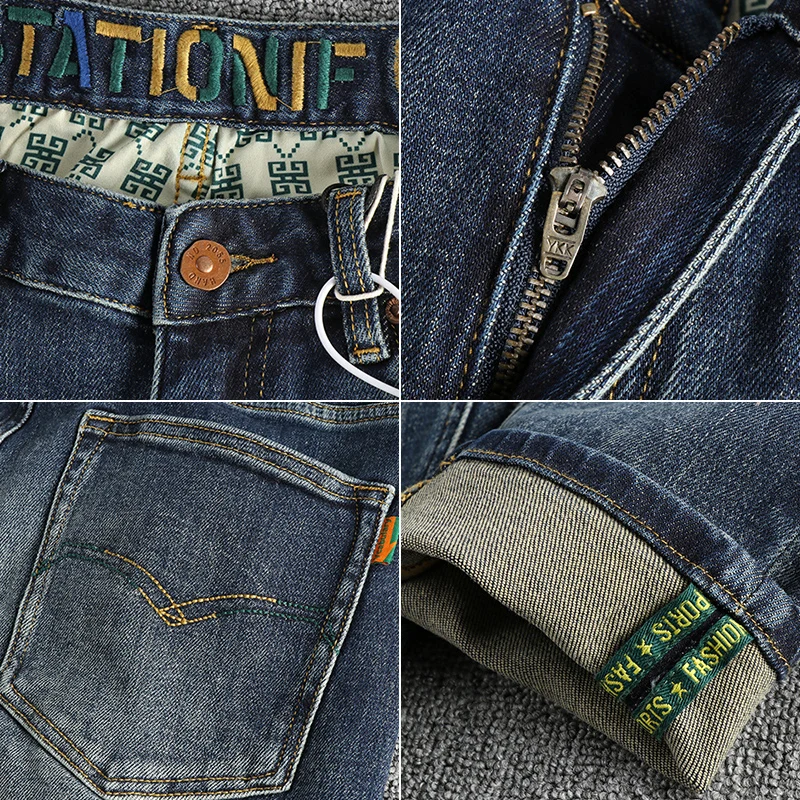 Waist Embroidery Denim Jeans for Men Dark Blue Washed Slim Fit Straight Pants Autumn Youth Male Cityboys American Vintage Casual 4