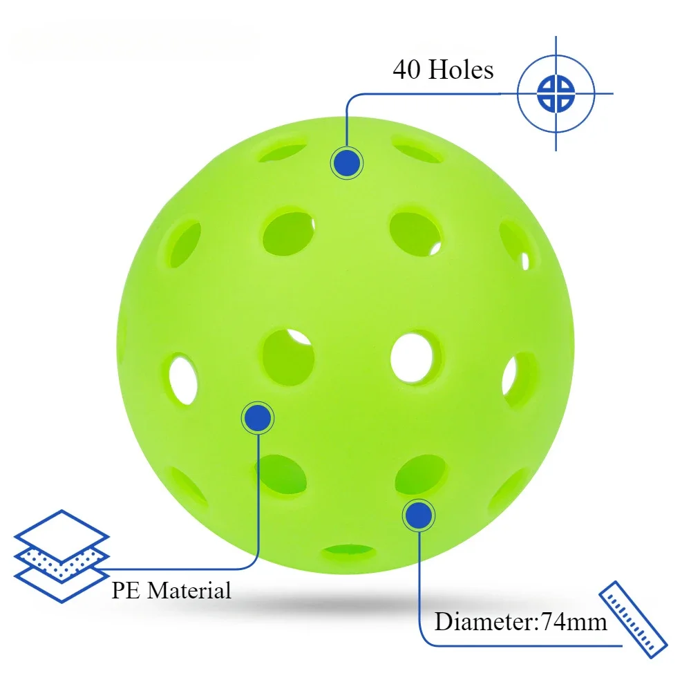 Pickleball Balls 6PC 74MM 40 Holes Luminous Pickleball Durable Multicolor Elastic Tennis Glow In The Dark PE Ball Indoor Outdoor Competition Ball
