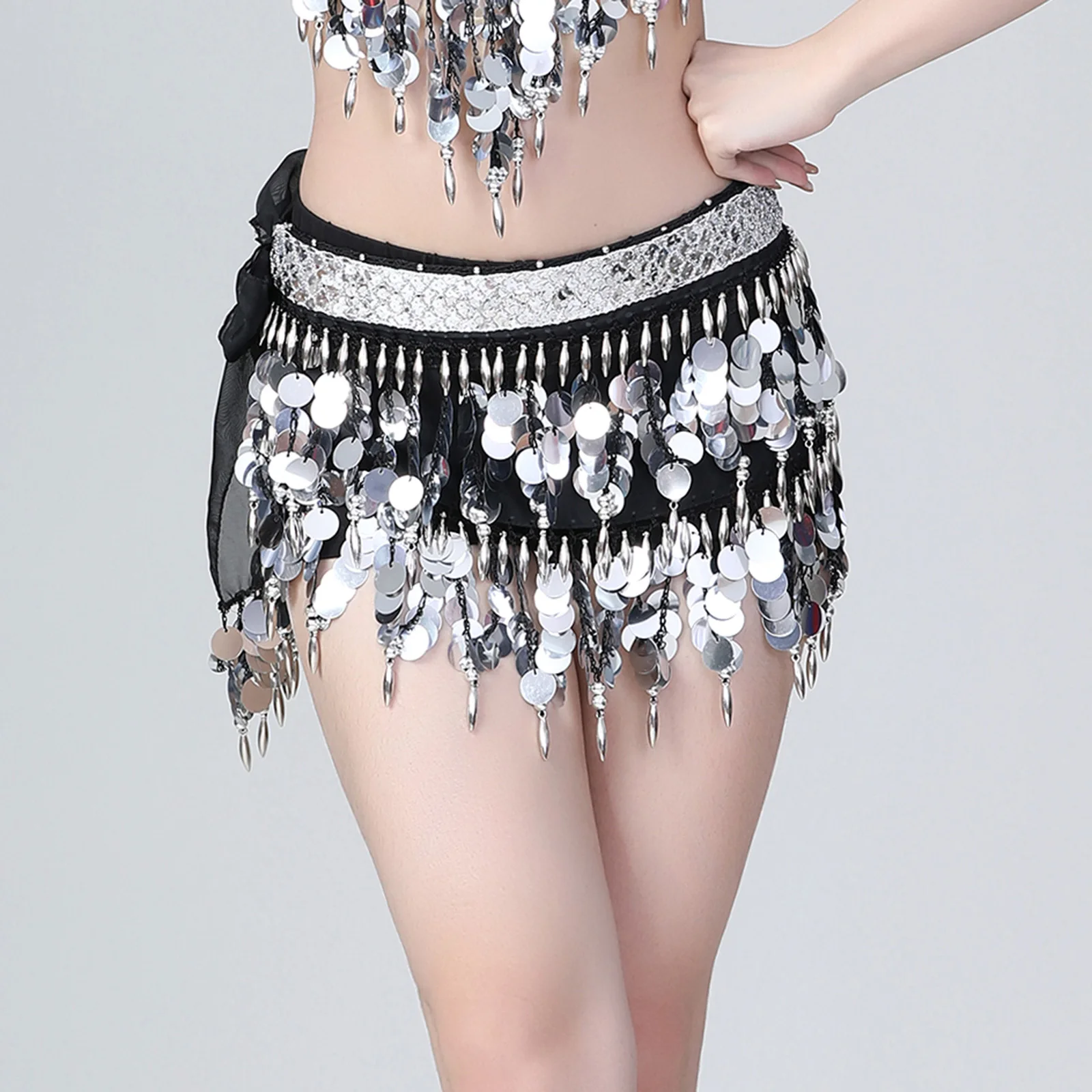 

Halloween Womens Hip Scarf Wrap Skirt Sparkly Sequin Tassel Belly Dance Performance Costume Lace-up Fringe Miniskirt Role Play
