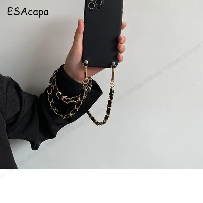 Elegant Crossbody Leather Chain Lanyard Case with Matte Silicone Back