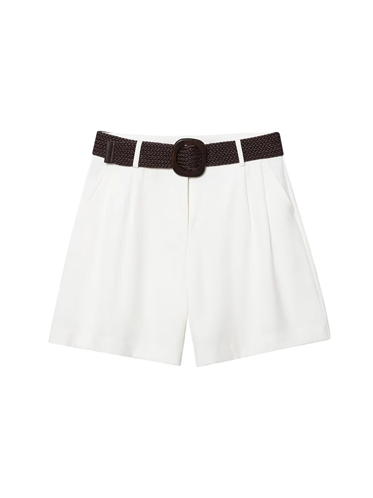 TFMLN Casual Women's Chic Belt Shorts Solid Side Pockets Straight Shorts 2025 Summer Fashion Simple Female Vintage Shorts