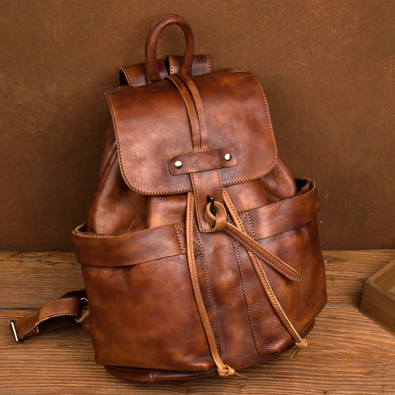 Casual leather backpack retro tide bucket bag men's leather backpack large capacity travel bag 15 inch computer bag neutral