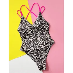 Sexy Leopard Print V-Neck Backless One-Piece Swimsuit - M (Black Leopard)