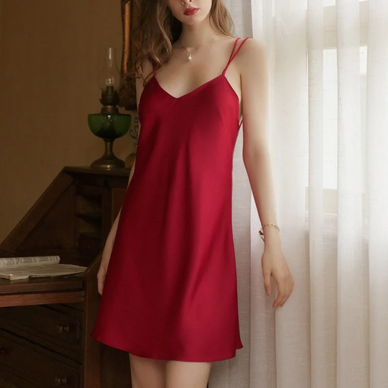 Women's Satin Nightgown Straps Sleep Dress Sexy V Neck Sleepwear Solid Color Nightwear Nighties Sleeveless Backless Night Dress