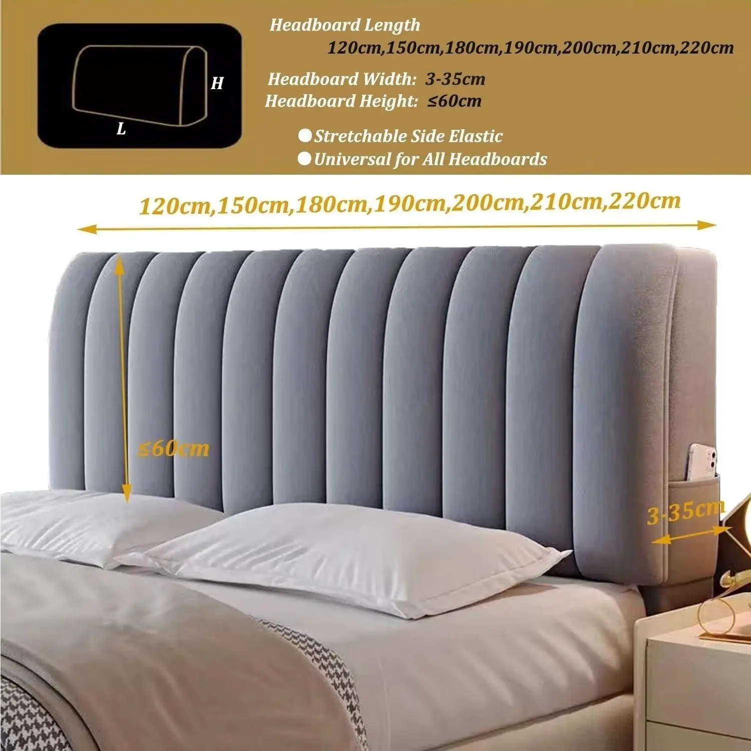 Fodera Elastica In Velluto Per Testiera Letto, Blu, Misura 200cm, Copri Testiera Universale, Alta Traspirabilità