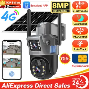 4K 8MP HD Dual Lens Gift 4G SIM Card Solar Battery PTZ Outdoor Wireless Bidirectional Call Security CCTV Auto Tracking Camera