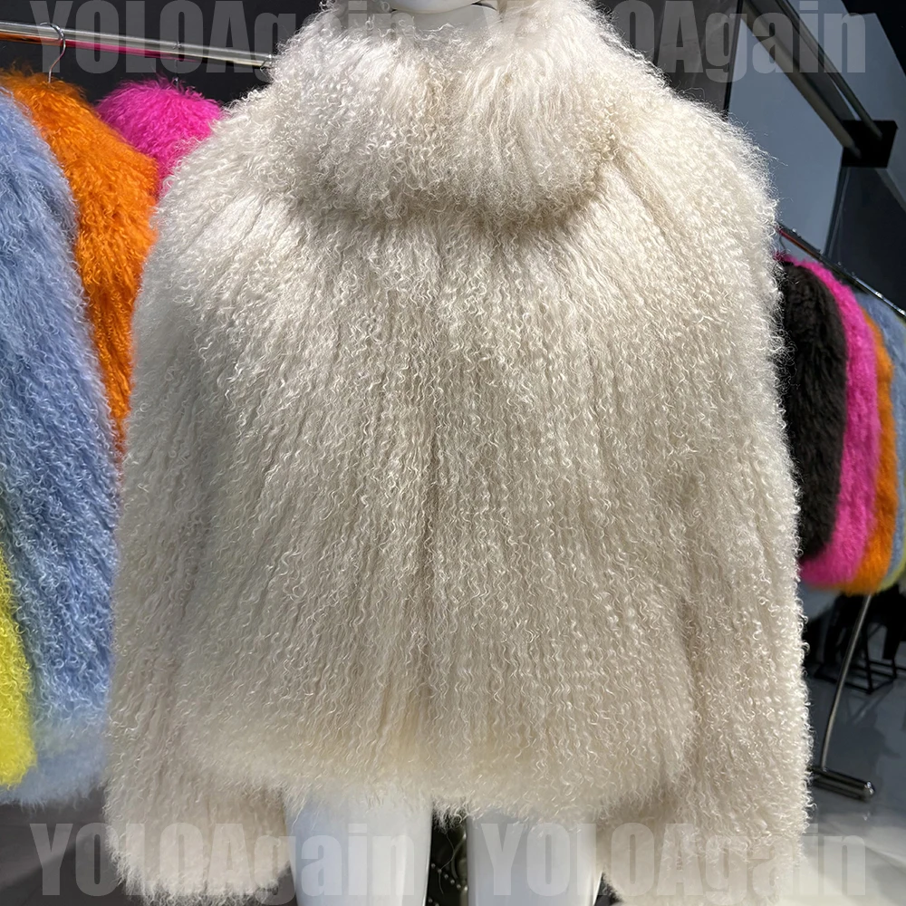 YOLOAgain High Collar Real Mongolia Sheep Fur Jacket For Women 2025 Winter Coats Outerwear