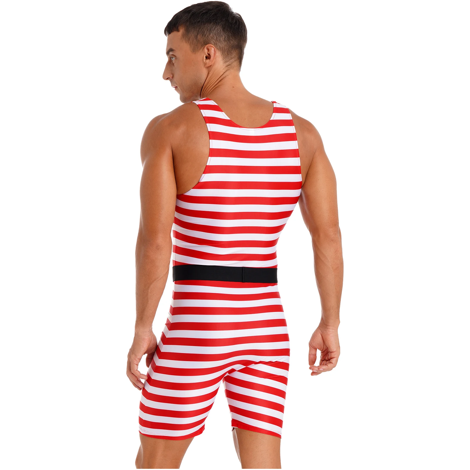 Swimwear Mens Christmas Cosplay Costume Role Play Outfit Color Block Stripe Sleeveless Jumpsuit Bodysuit One-piece Swimsuit