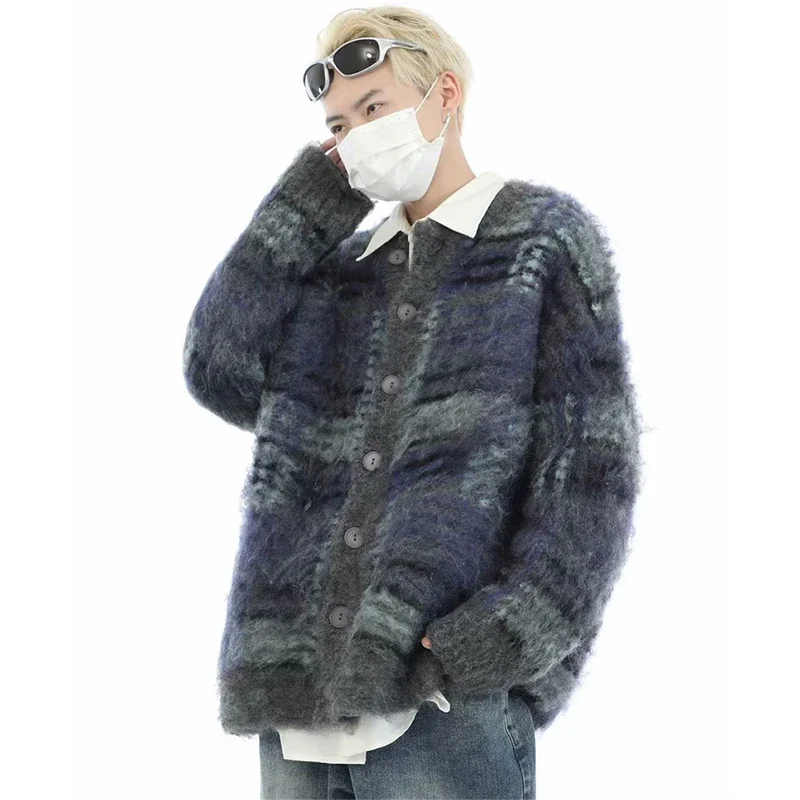 2023Autumn Korean Fashion Striped Cardigan Sweater For Men Vintage Casual Button Knitwears High Street Baggy Y2K Sweaters Jacket
