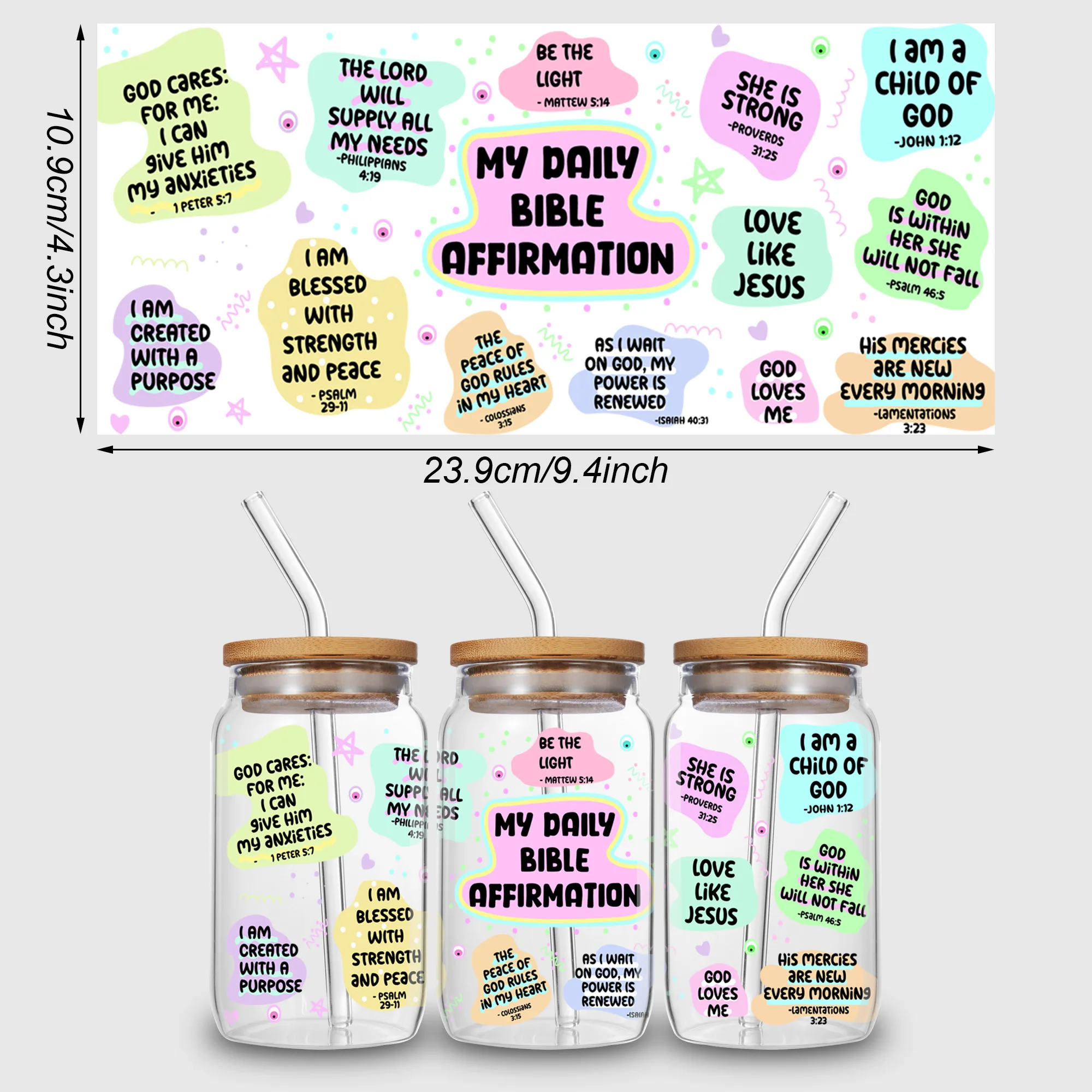 5 Sheets Bible Verses UV DTF Cup Stickers, Glass Sports DTF Transfer Stickers, Waterproof Wipe Transfer Paper for 16 oz Glass