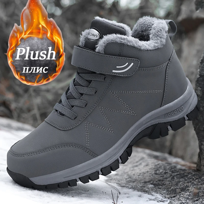 New Winter Boots Women Men Plush Leather Waterproof Sneakers Climbing Hunting Shoes Unisex Lace-up Outdoor Warm Hiking Boot Man