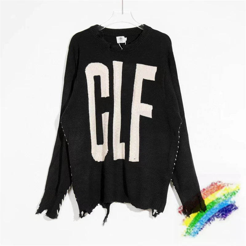 

2023fw Saint Michael Knitted Jacquard Sweater Men Women Top Version Black Hole Ripped Sweatshirts