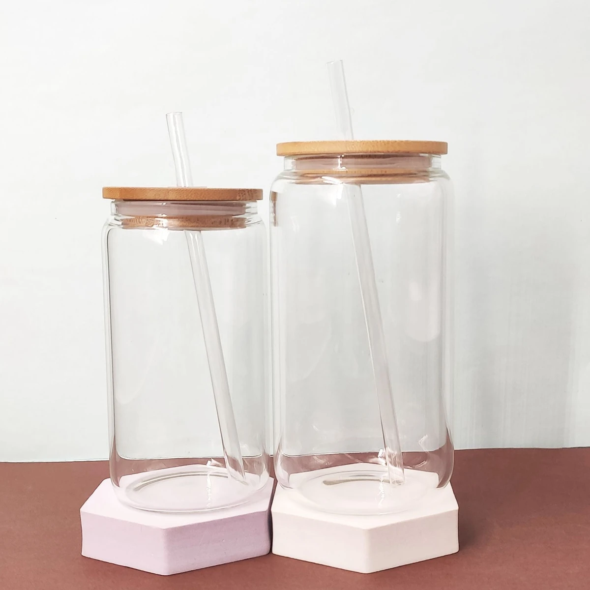 kessellate - Pink Can Glass Cup with Bamboo Lid and Straw