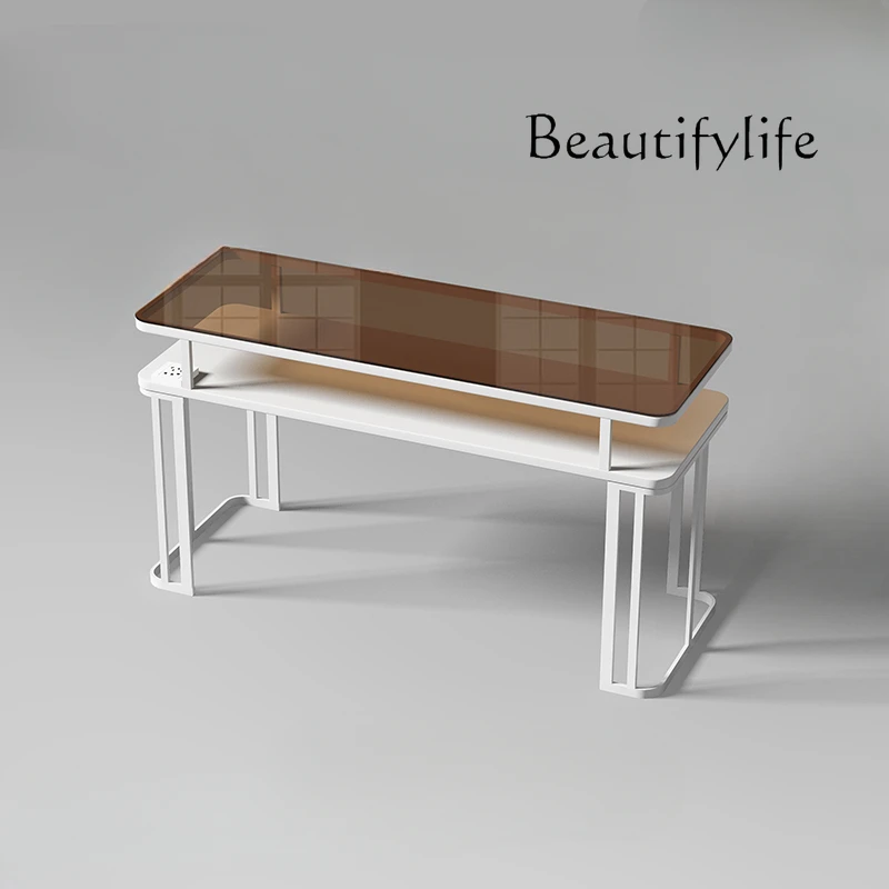 

Caramel Brown Nail Table and Chair Set Glass New Nail Salon Sofa Combination with Socket