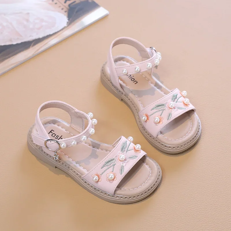 Kids Sandals for Girls Summer Princess Sweet Embroider Pearl Sandals Fashion Elegant Pearl Children Dress Flat Sandals Versatile