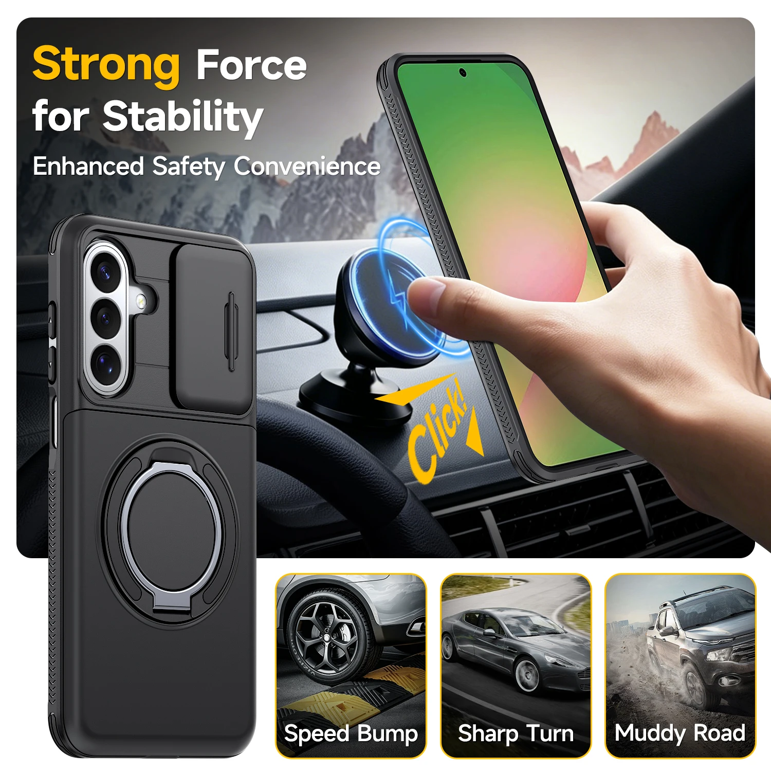 Armor Ring Bracket Holder with Card Slot and Sliding Camera Protection Cover