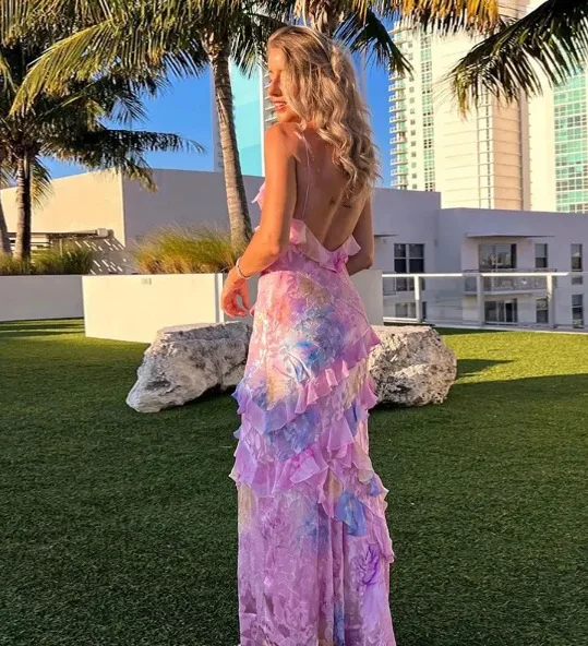 Sexy V-neck Backless Sleeveless Long Dresses Fashionable High Waist Slim Party Dress 2025 Elegant Print Women's Evening Dress