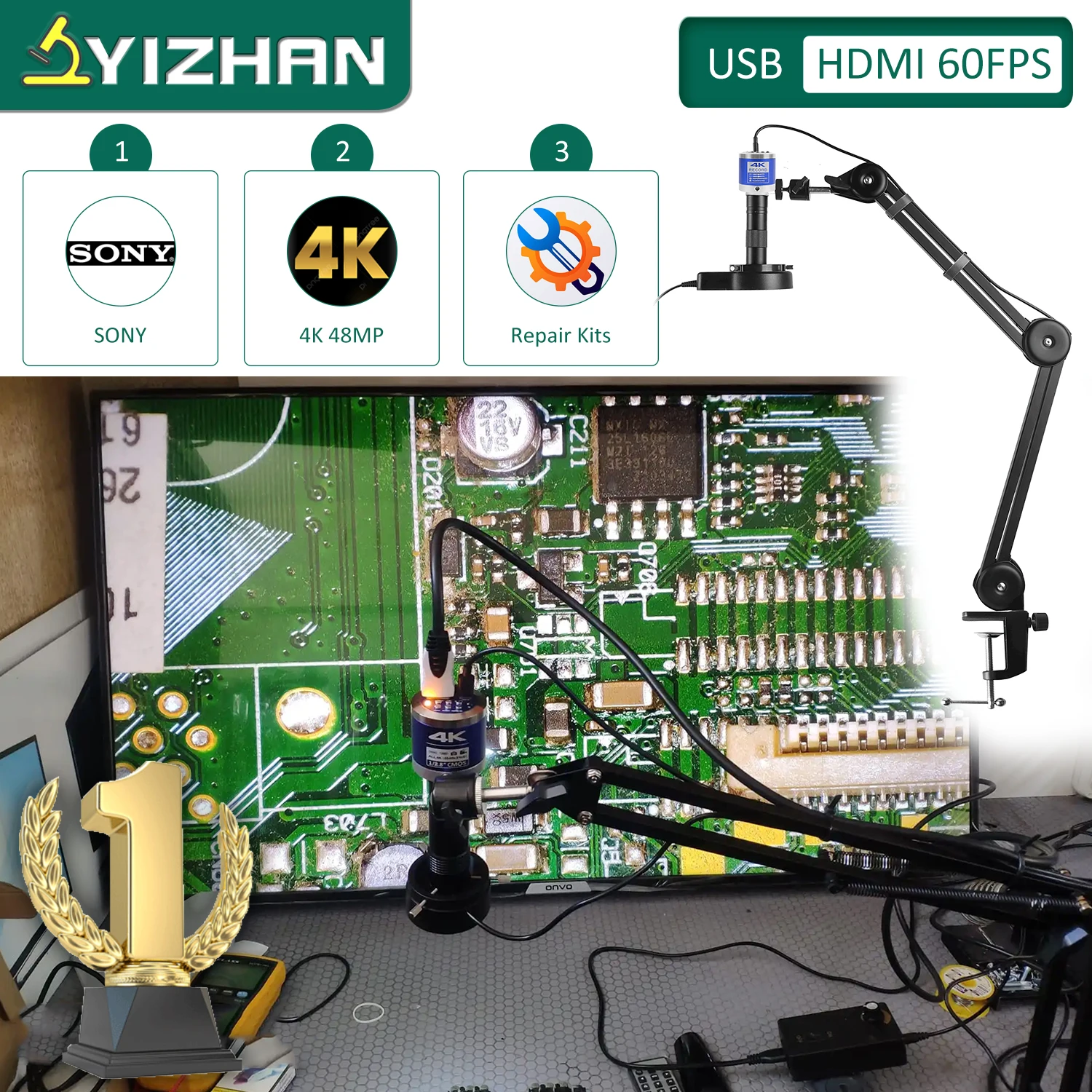 YIZHAN Full 4K Microscopio Digital Electronic Welding Microscope 48MP HDMI USB Camera 60FPS 1/2.8" Sensor 150x Telephoto Lens