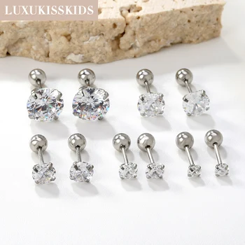 LUXUKISSKIDS 1pairs/2pcs Men Round Crystal Zirconia Stud Earrings Surgical Steel Jewelry Luxury Clear Rhinestone Unisex Piercing