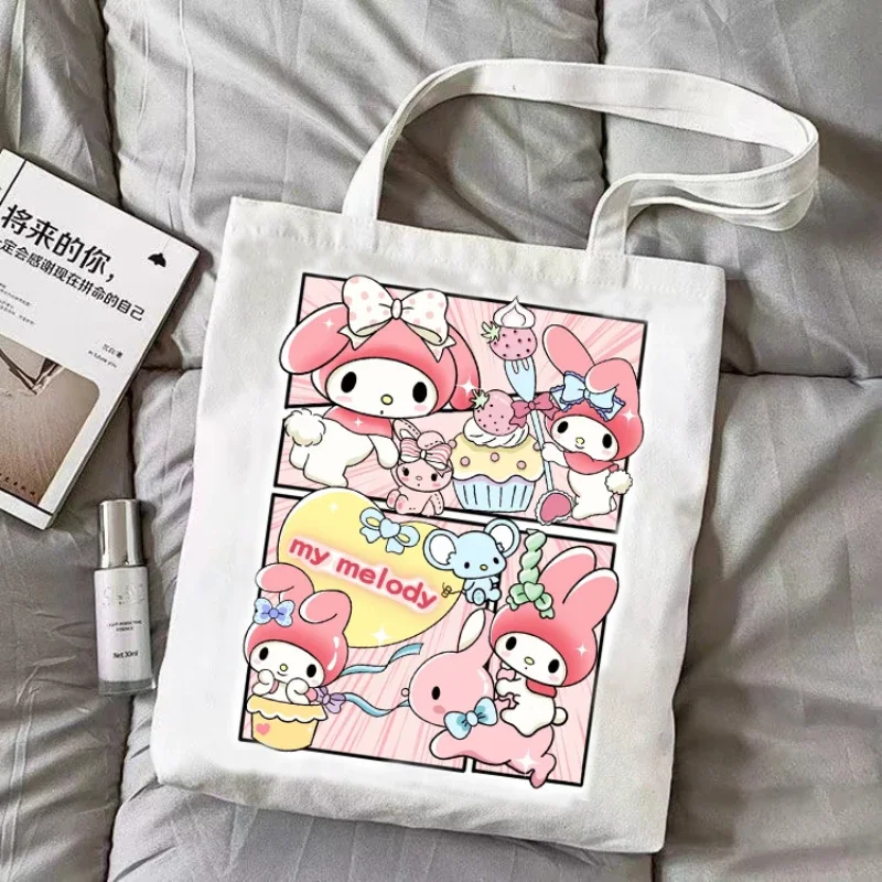 

Новинка Sanrio маленькая свежая Холщовая Сумка Kawaii Cinnamoroll Kuromi My Melody сумка через плечо большая емкость модная универсальная сумка для покупок