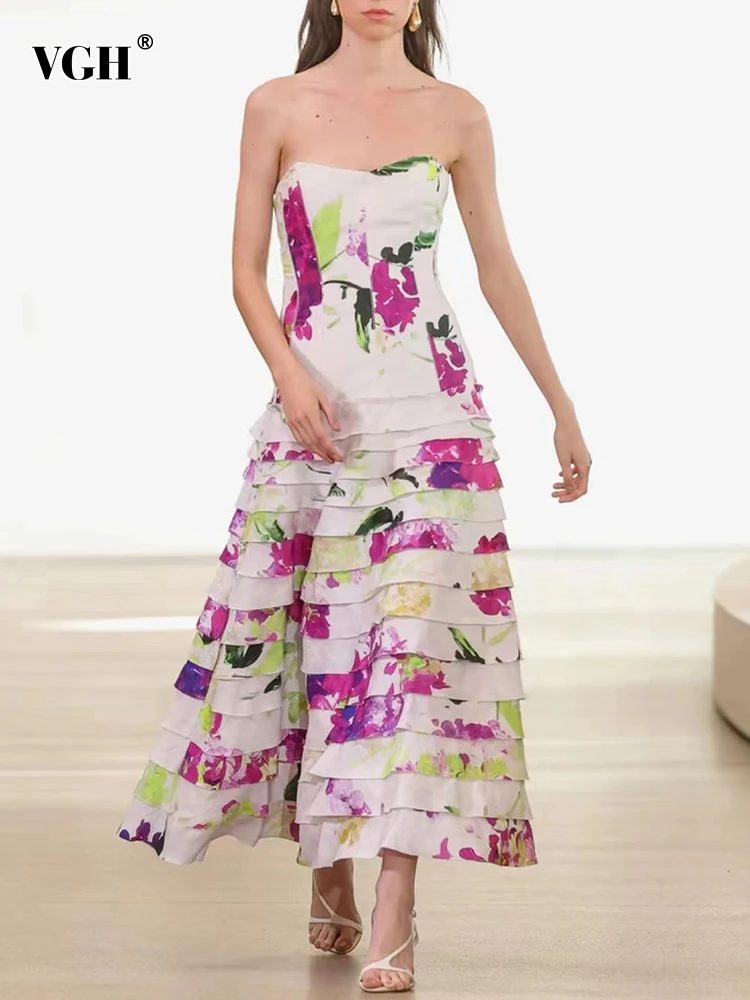 

VGH Elegant Print Strapless Dresses For Women Slash Neck Sleeveless Backless High Waist Tierred Long Dress Female Fashion New