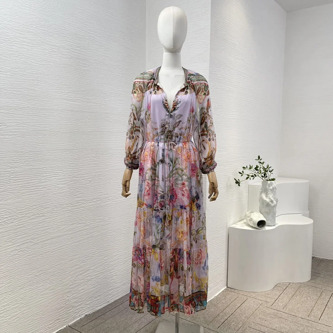 

New High Qulity Multicolor Floral Print Long Sleeve V Neck Pleat Diamonds Pressed Midi Dress for Women