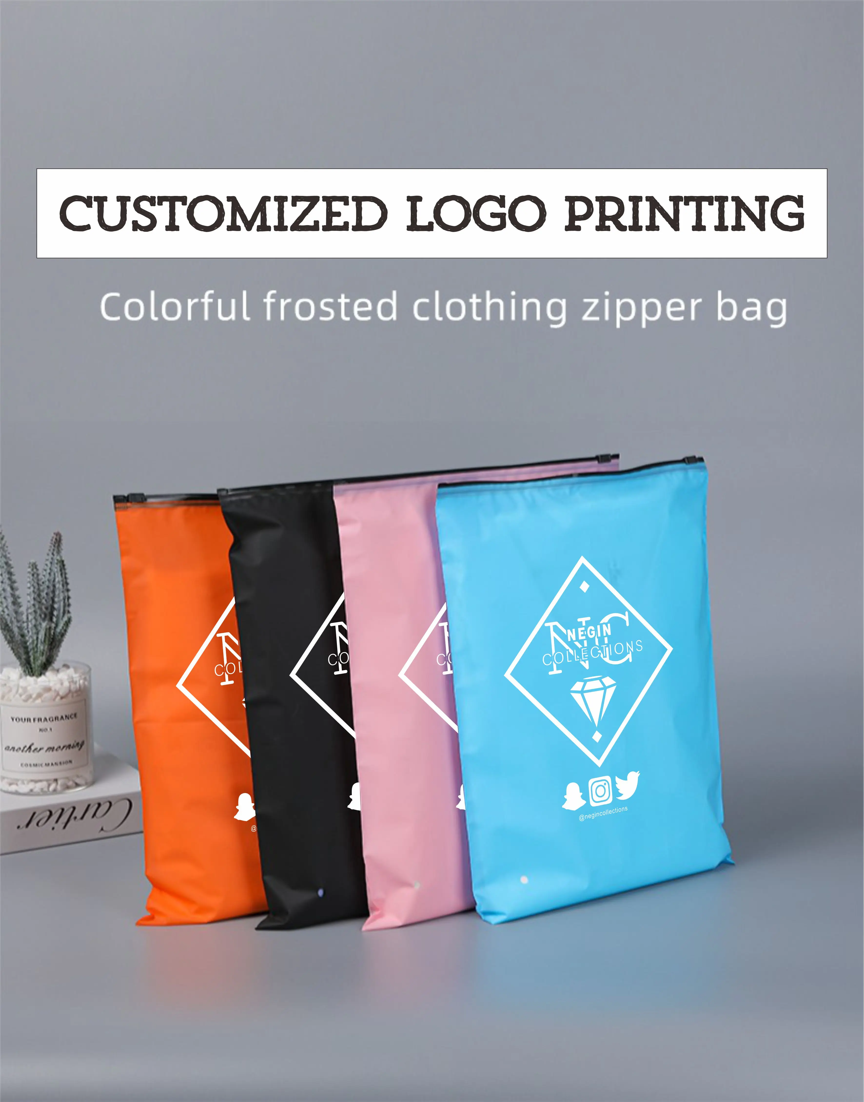 Maßgeschneiderte umweltfreundliche und recycelbare Kleiderverpackungsbeutel mit farbigem Reißverschluss und Logo-Druck – Detail 1
