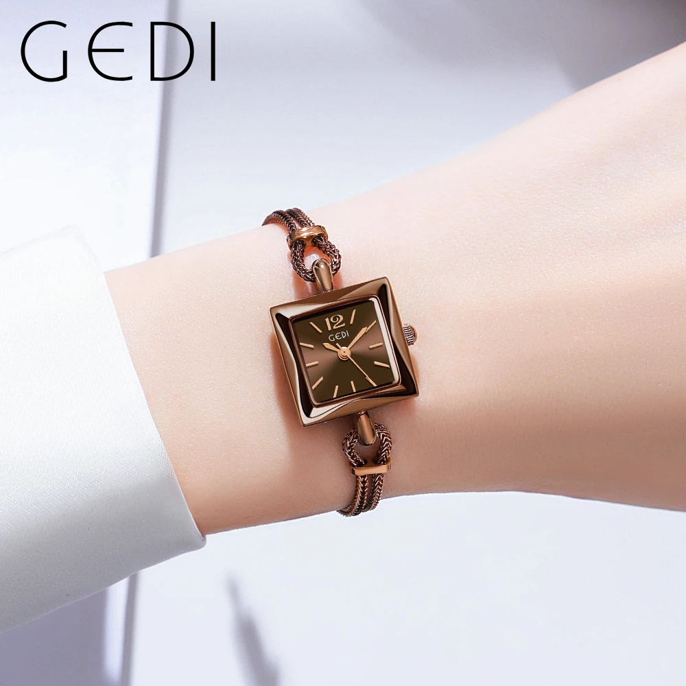 Gedi Rose Goud Vrouwen Vierkant Horloge Legering Touw Band Waterbestendigheid Luxe Mode Dames Quartz Polshorloge Jewely Horloge 20Mm