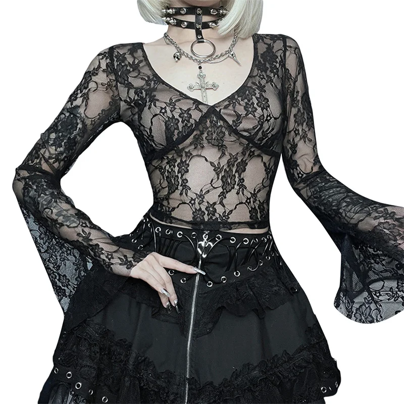 

Musuos Women Floral Lace Crop Tops Fairy Grunge V Neck Flared Long Sleeve Hollowed See Through Mesh Shirt Blouse Streetwear