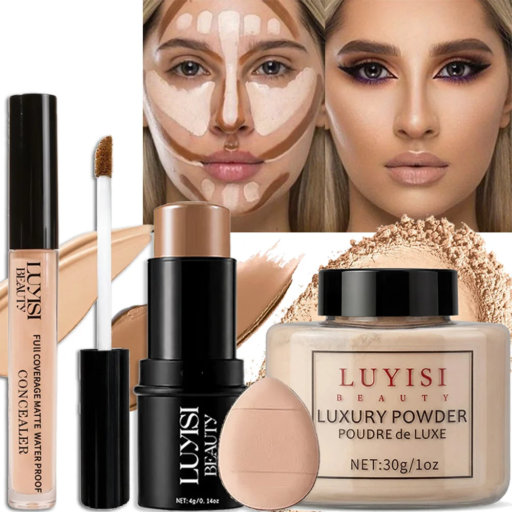 Set completo di trucco per il viso da 4 pezzi: 1 correttore + 1 cipria + 1 contorno + 1 spugnetta. Cosmetici per il viso impeccabili, opachi, impermeabili e morbidi.