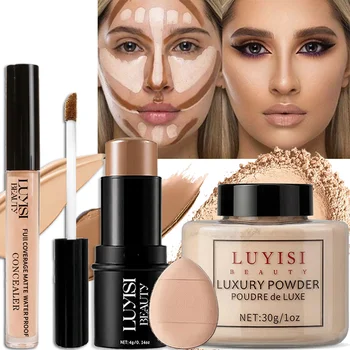 Set completo di trucco per il viso da 4 pezzi: 1 correttore + 1 cipria + 1 contorno + 1 spugnetta. Cosmetici per il viso impeccabili, opachi, impermeabili e morbidi.