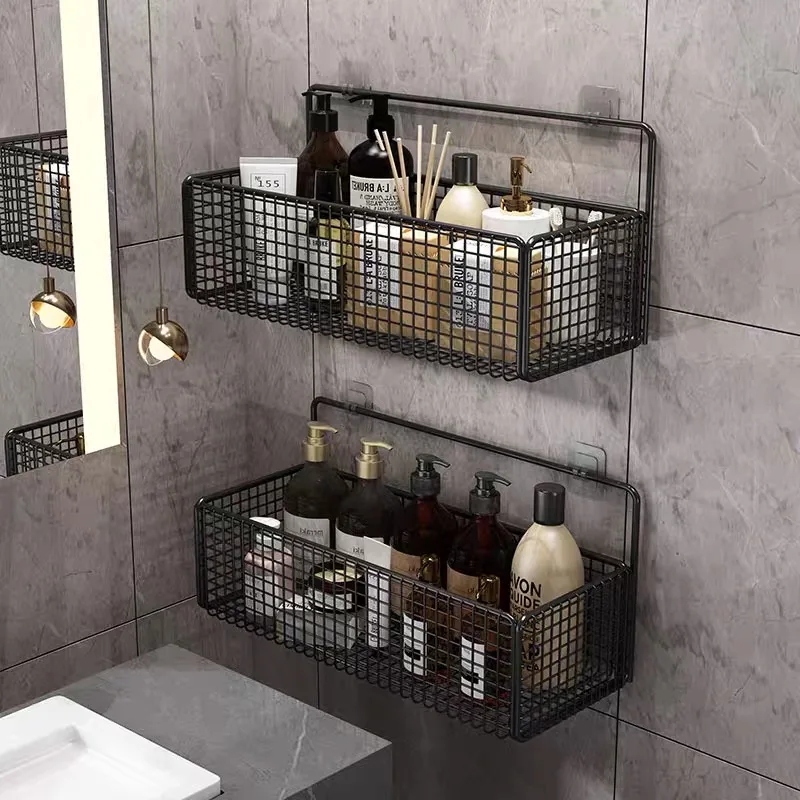 Non Perforated Bathroom Shelf Storage Basket with Hooks for Wall Storage Toiletries Shampoo and Shower Gel Storage 3