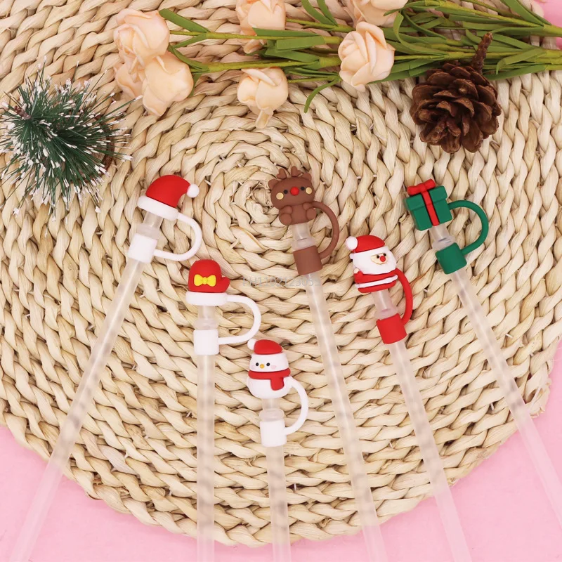 Silicone Straw Cover Christmas Cartoon Modeling Straw Plug Tips Cover Reusable Drinking Dust Cap Santa Snowman Party Decorations