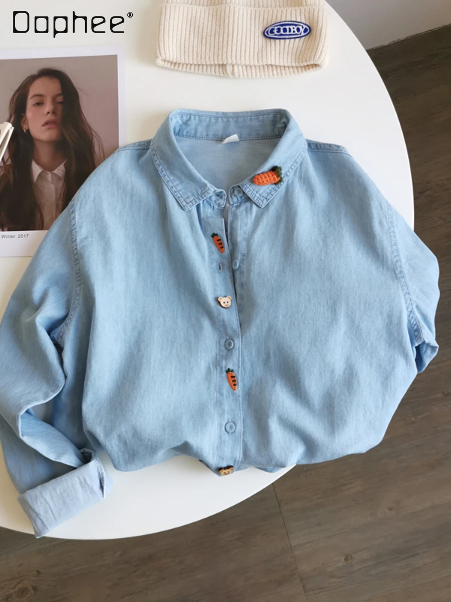 

Spring Autumn Embroidery Cartoon Three-Dimensional Decoration Straight Single-Breasted Long Sleeve Thin Denim Shirt for Women