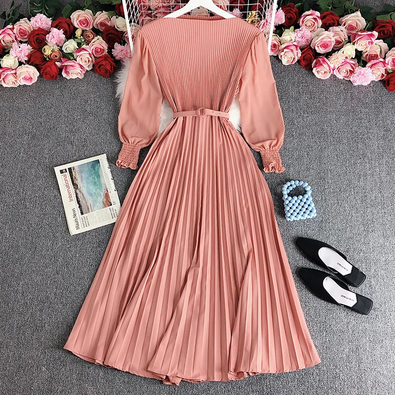 

Female Dress 2023 Spring Solid Color Leisure Dresses Pleated Long Dress Chic and Elegant Woman Dress Skims Dress Women Clothing