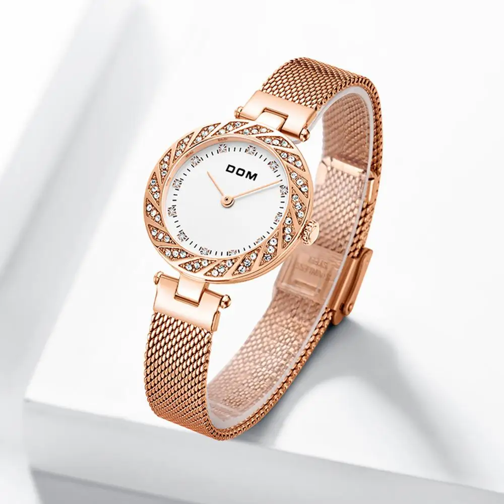 DOM Women Watch  Top Brand Luxury Quartz Wrist Watch Casual Steel Mesh Belt Women Rose Gold Waterproof Watch Clock G-1279G-7M