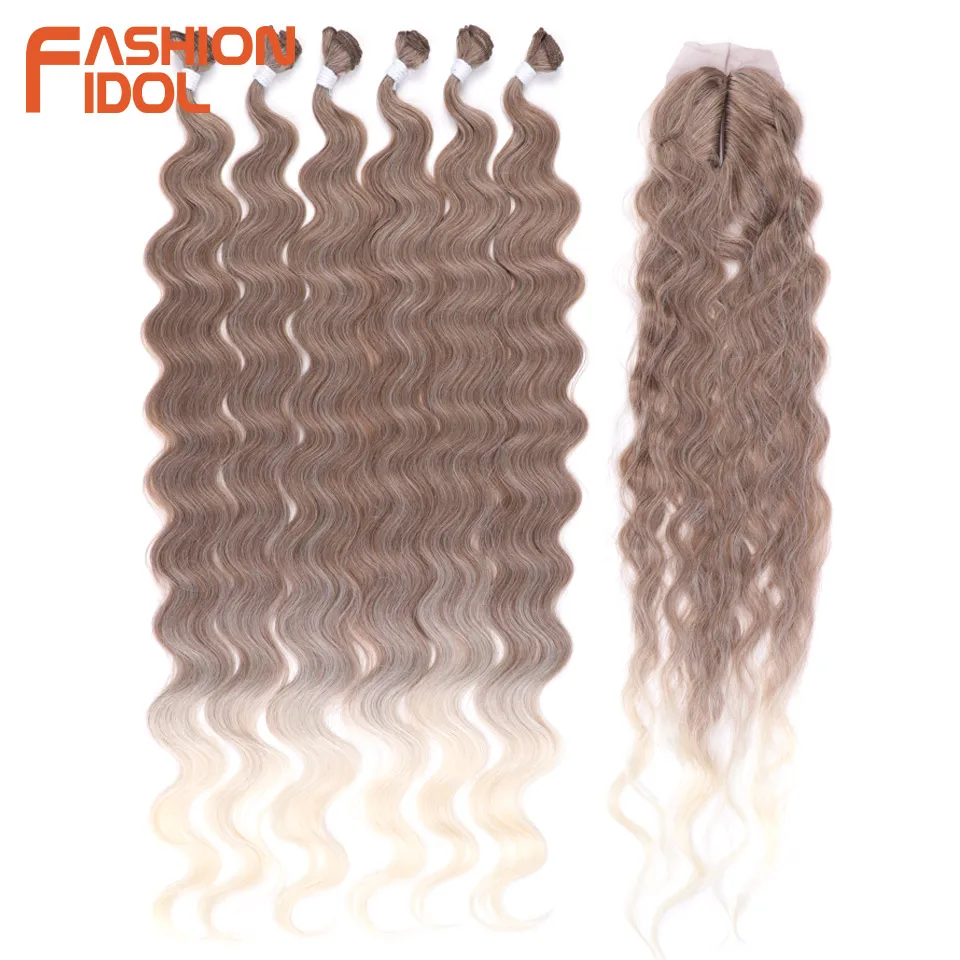 FASHION IDOL-mechones de pelo ondulado con cierre, extensiones de cabello sintético, 36 pulgadas, 7 piezas, 320g, Rubio degradado